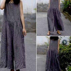 Linen black and white plaid jumpsuit loose casual